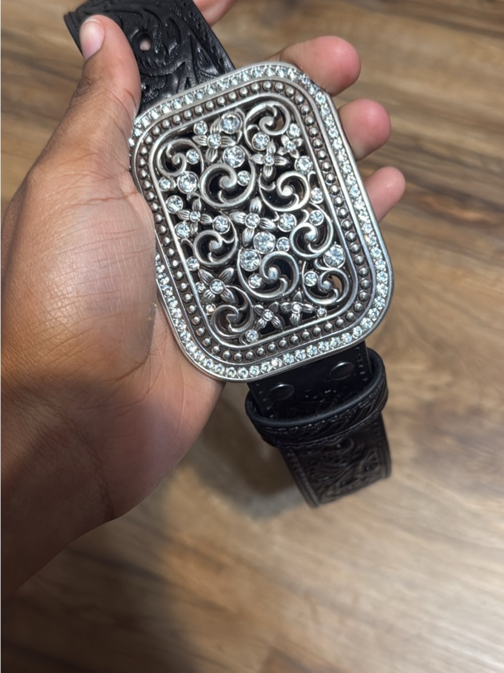 Ariat Black Leather Belt with Ornate Silver-Tone Crystal Buckle